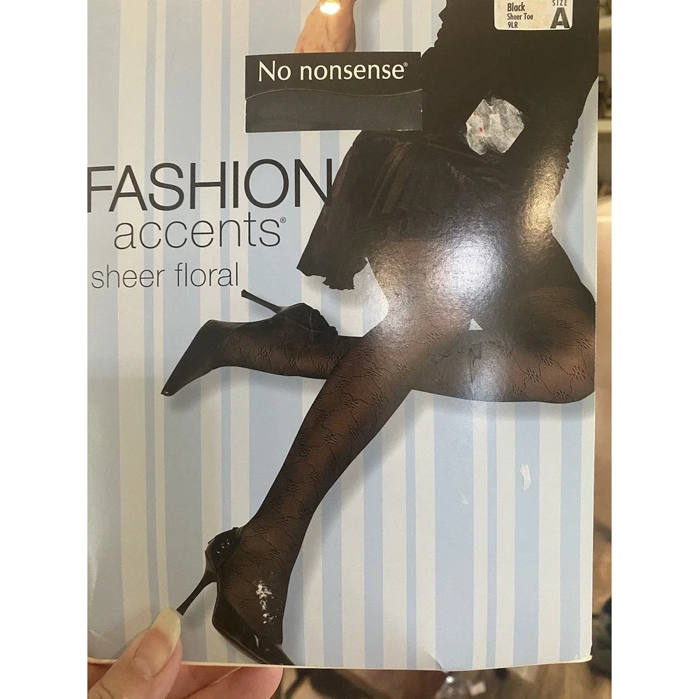 No Nonsense Control Top Fashion Accents Panty Hose Black Sheer Floral Size A NWT